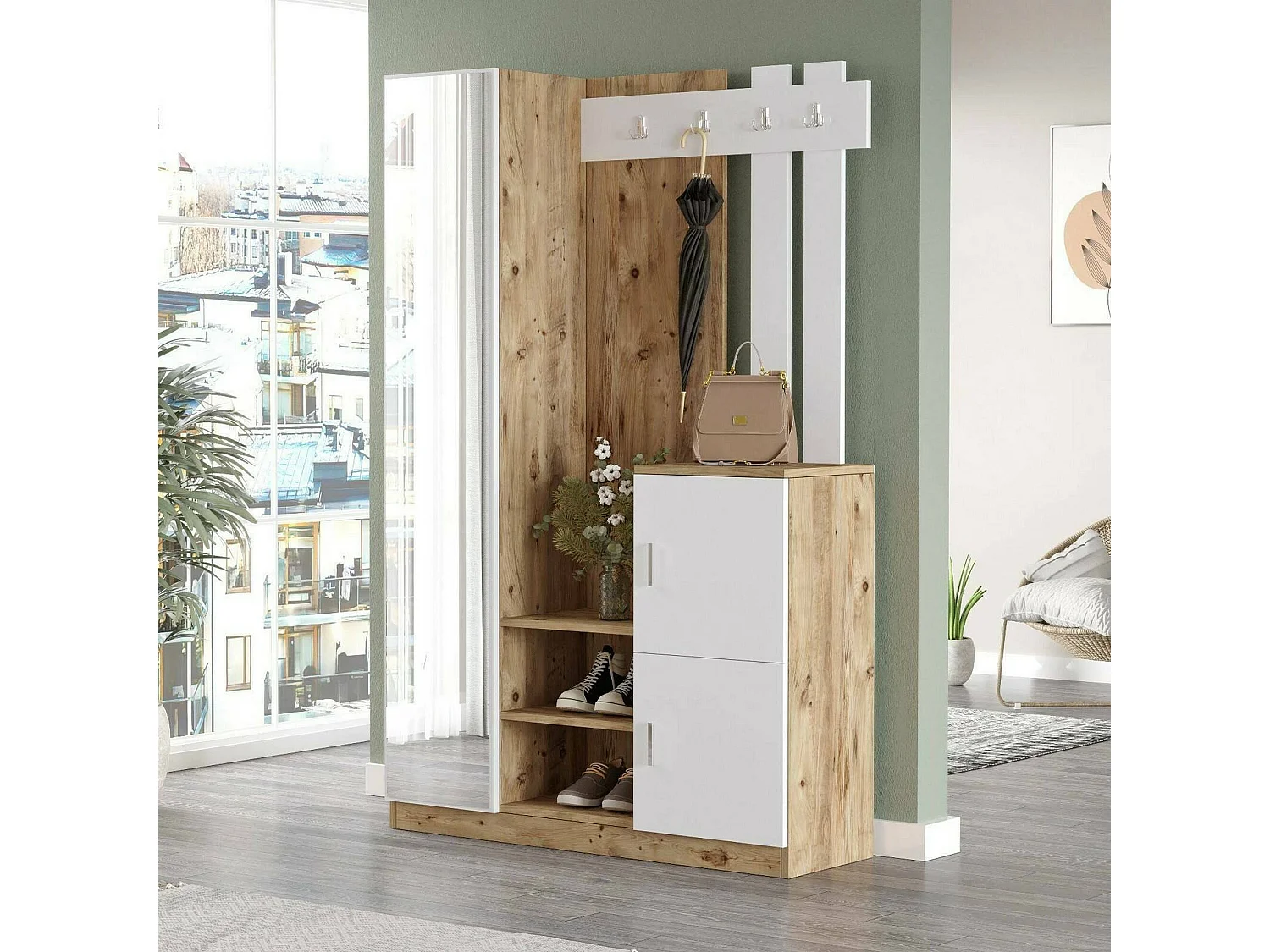 Dgagn-ingangsmeubel, entree-hanger, atrium-opstelling, mup-functionele houderhouder, 114x38h180 cm, Eik en wit