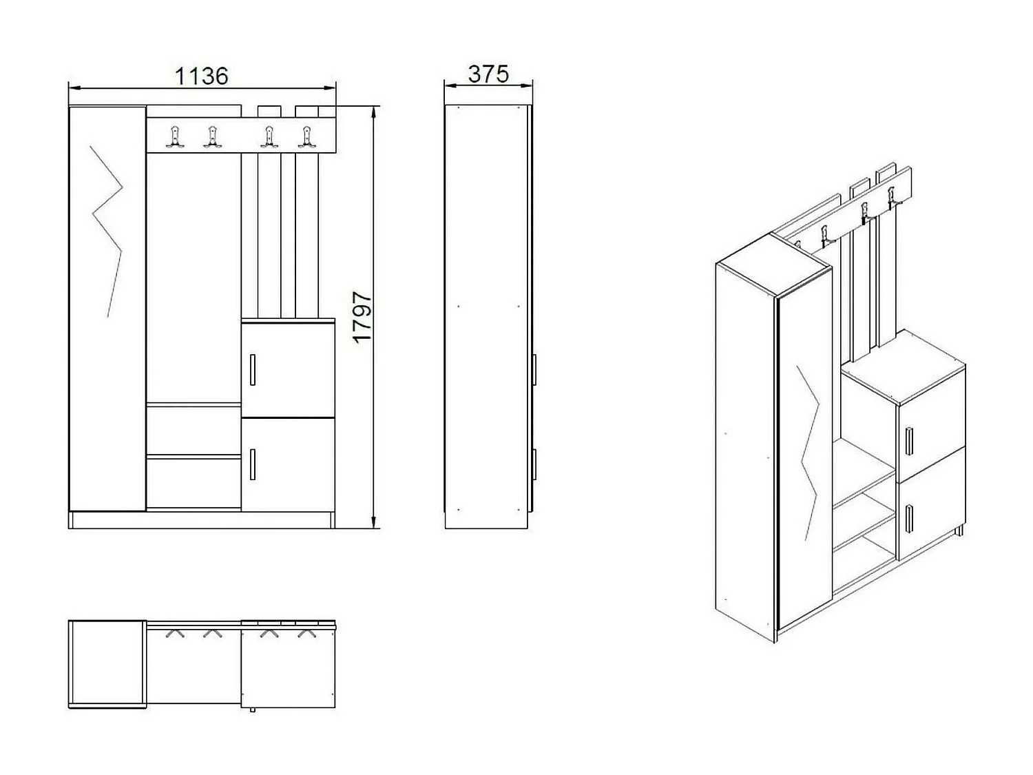 Dgagn-ingangsmeubel, entree-hanger, atrium-opstelling, mup-functionele houderhouder, 114x38h180 cm, Eik en wit
