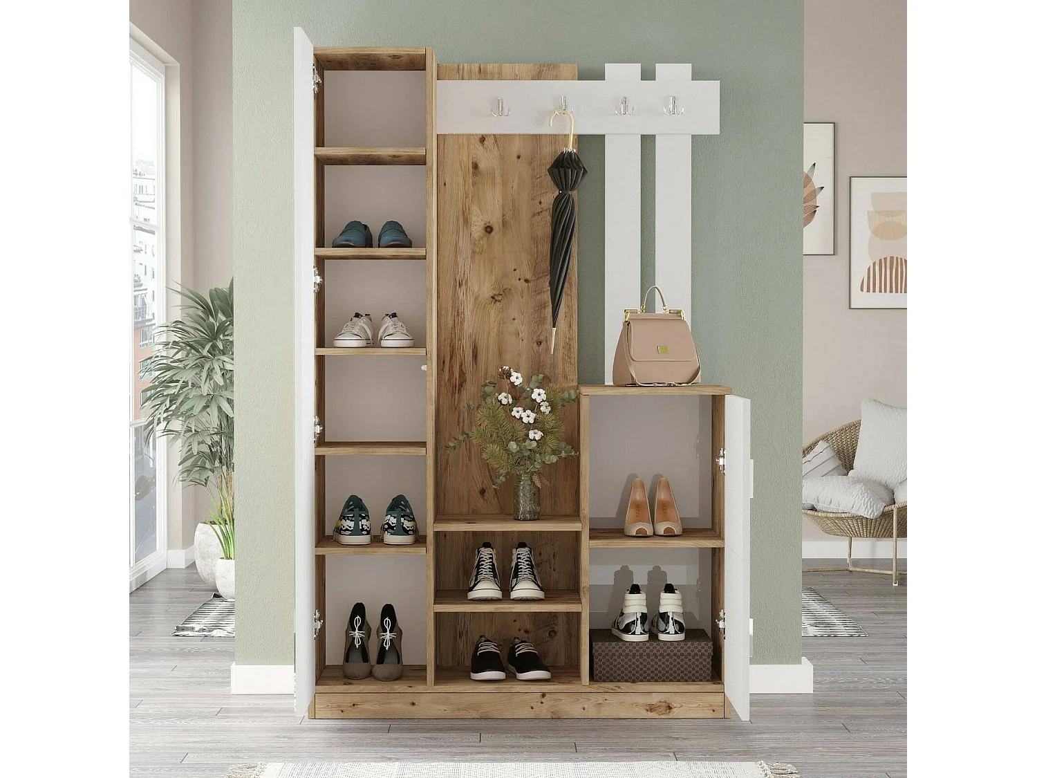 Dgagn-ingangsmeubel, entree-hanger, atrium-opstelling, mup-functionele houderhouder, 114x38h180 cm, Eik en wit