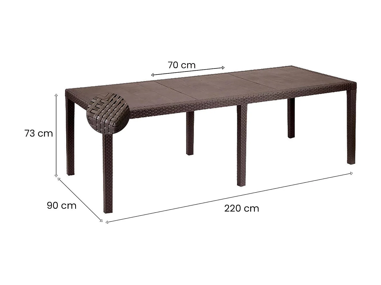 Mesa de jardín Dmains, Estante de comedor extensible rectangular, Mesa de jardín extensible efecto ratán, 100% Made in Italy, 150/220x90h72 cm, Marrón