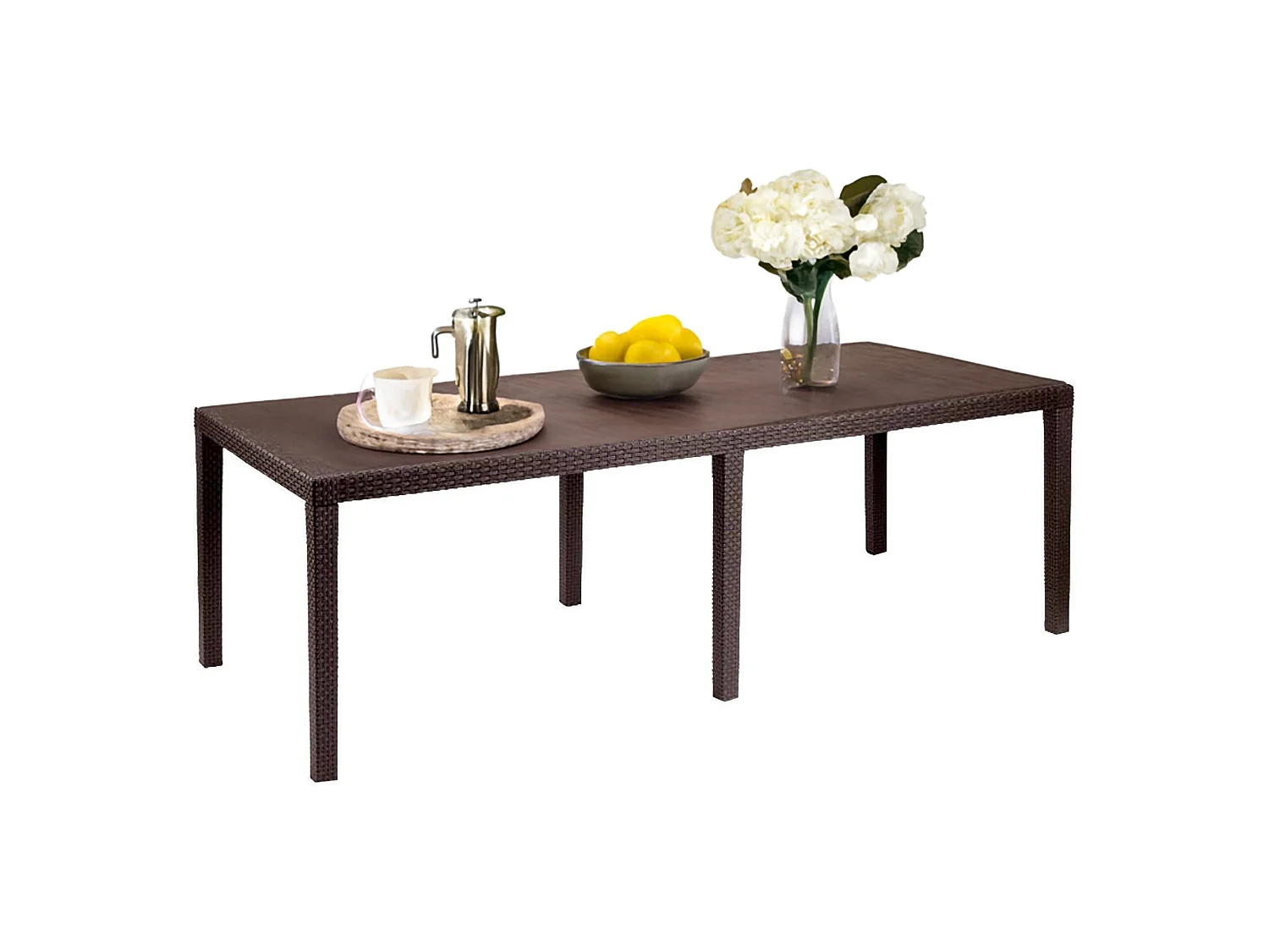 Table d'extérieur Roma, Etagère à manger rectangulaire extensible, Table de jardin extensible effet rotin, 100% Made in Italy, 150/220x90h72 cm, Marron