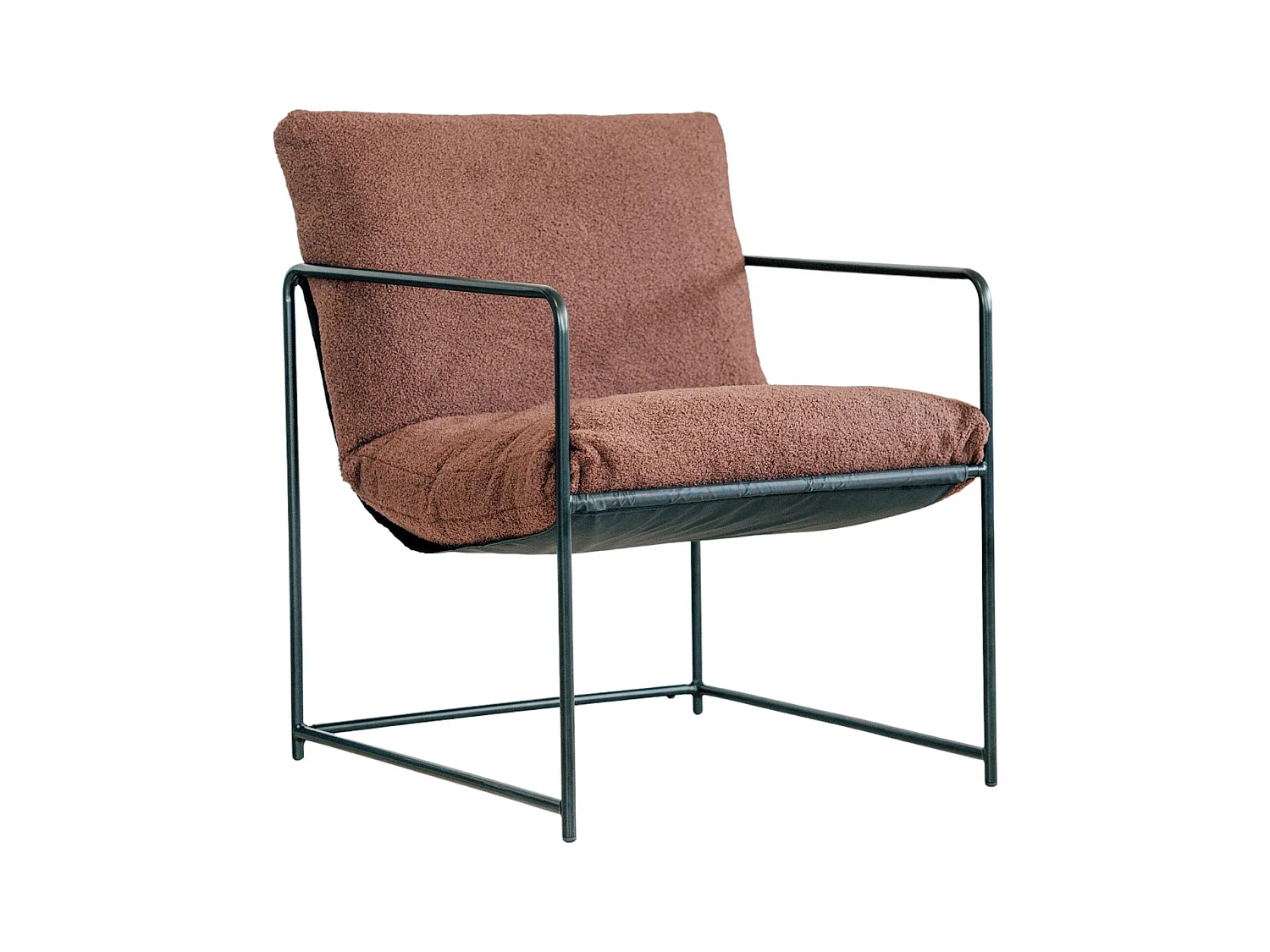 Fauteuil en peuplier, Fauteuil recouvert de tissu bouclé, Chaise rembourrée, Assise avec accoudoirs en métal, 61x67h75 cm, Marron