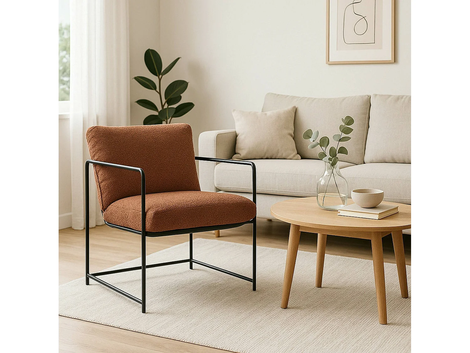 Sessel Dabdelat, Sessel mit Bouclé-Stoff bezogen, gepolsterter Stuhl, Sitz mit Metallarmlehnen, 61x67h75 cm, Braun