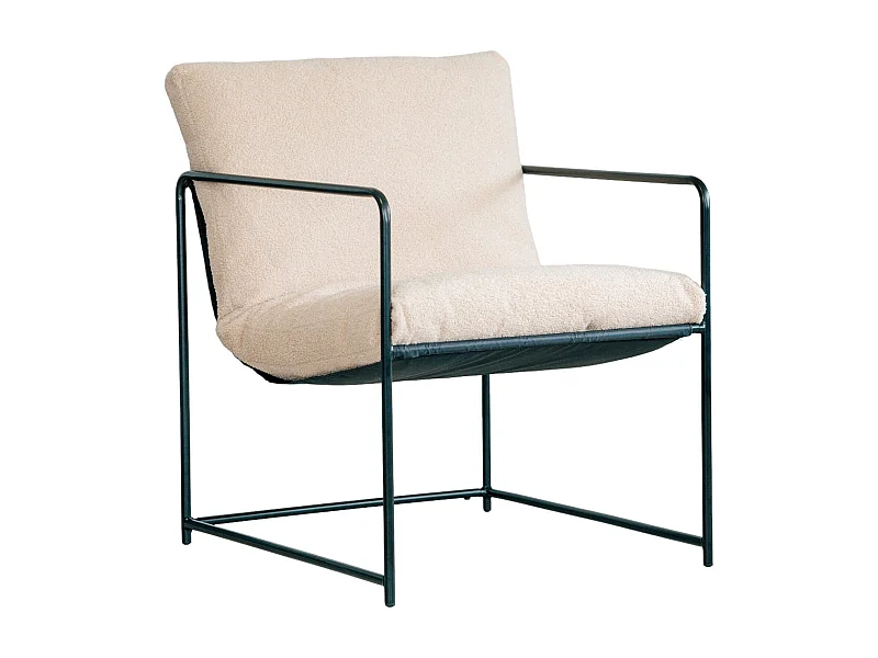 Fauteuil en peuplier, Fauteuil recouvert de tissu bouclé, Chaise rembourrée, Assise avec accoudoirs en métal, 61x67h75 cm, Beige