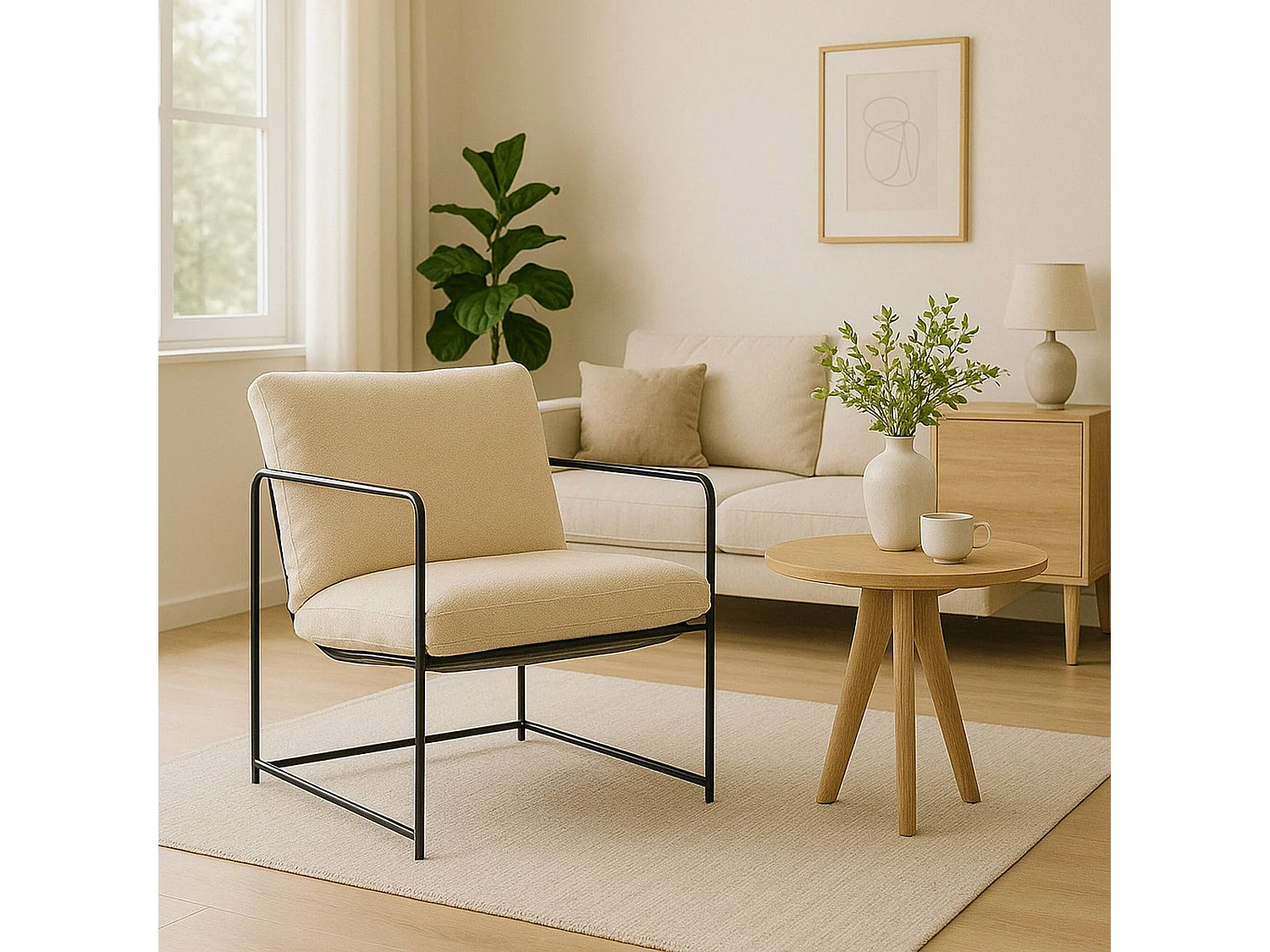 Fauteuil en peuplier, Fauteuil recouvert de tissu bouclé, Chaise rembourrée, Assise avec accoudoirs en métal, 61x67h75 cm, Beige