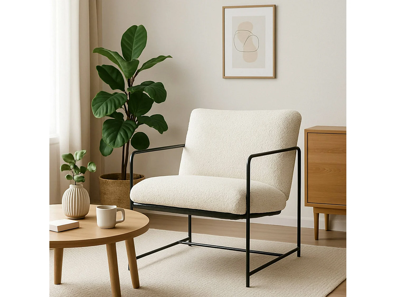 Dabdelat Fauteuil, Bouclé Stof Gestoffeerde Fauteuil, Gestoffeerde Stoel, Metalen Armleuning Zittend, 61x67h75 cm, Wit