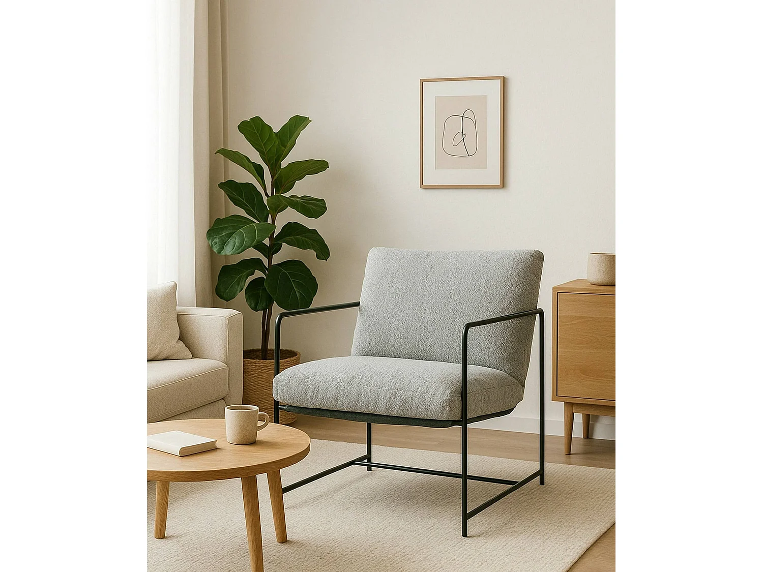 Fauteuil en peuplier, Fauteuil recouvert de tissu bouclé, Chaise rembourrée, Assise avec accoudoirs en métal, 61x67h75 cm, Gris