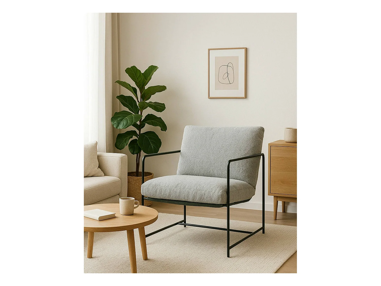 Fauteuil en peuplier, Fauteuil recouvert de tissu bouclé, Chaise rembourrée, Assise avec accoudoirs en métal, 61x67h75 cm, Gris