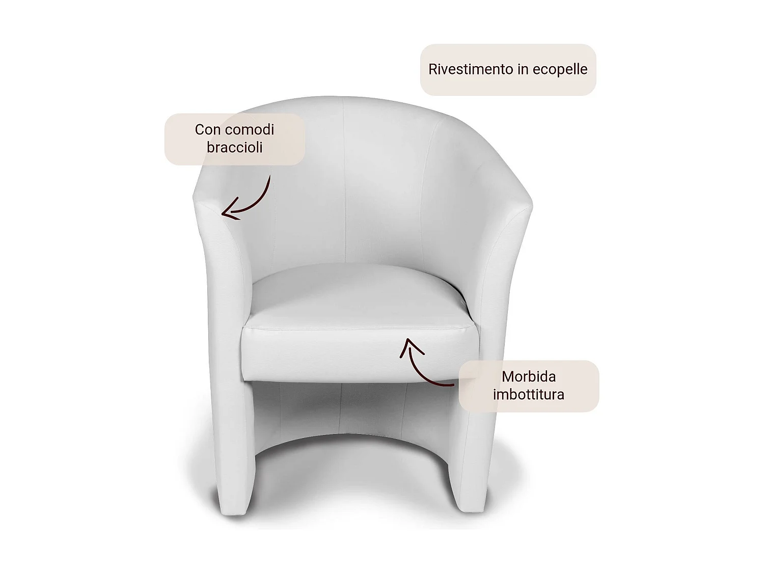 Dpanett fauteuil, Woonkamerfauteuil, Gestoffeerde zitting, Stoel met armleuningen van eco-leer, 64x63h76 cm, Wit
