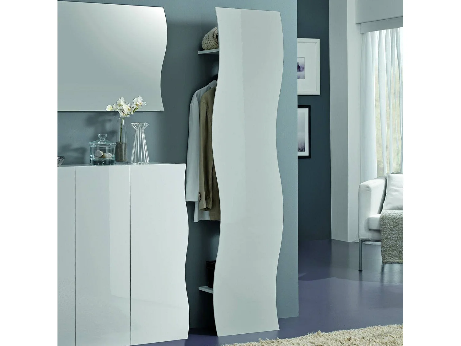 Dmora Halmeubel Alessandro 27x40x186h cm Wit Glanzend 2 Planken Kledingrek, 3 Compartimenten Made in Italy