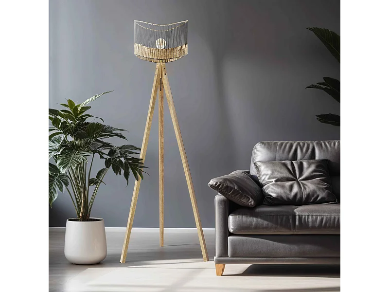 Lampadaire en manguier massif et rotin