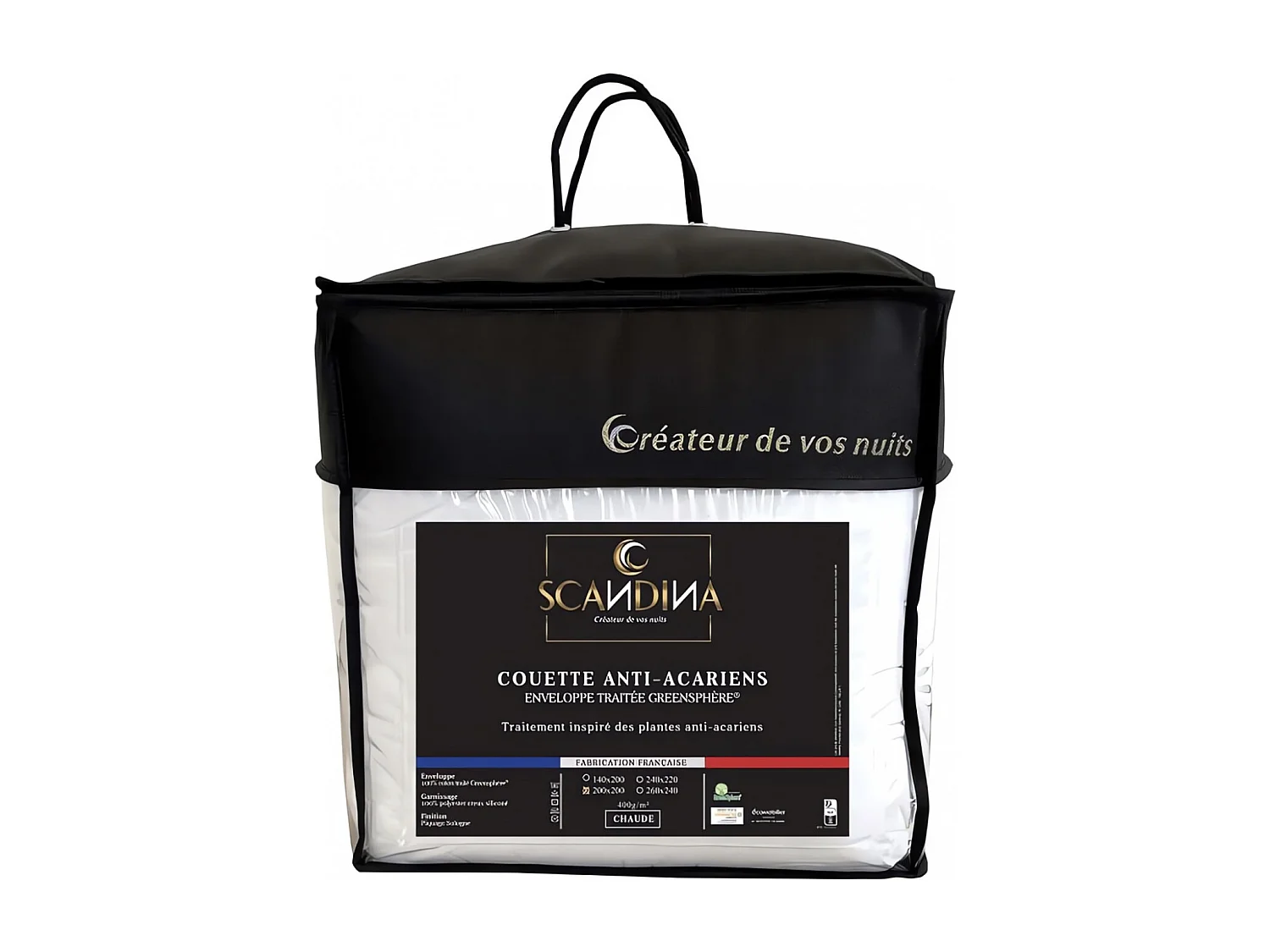 Couette blanche en coton 200x200 cm GREENSPHERE, par Scandina. Fabrication française