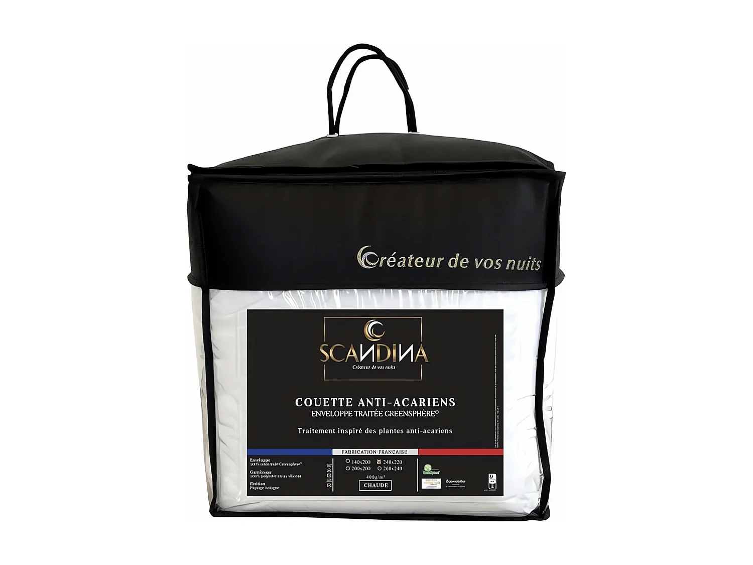 Couette blanche en coton 240x220 cm GREENSPHERE, par Scandina. Fabrication française