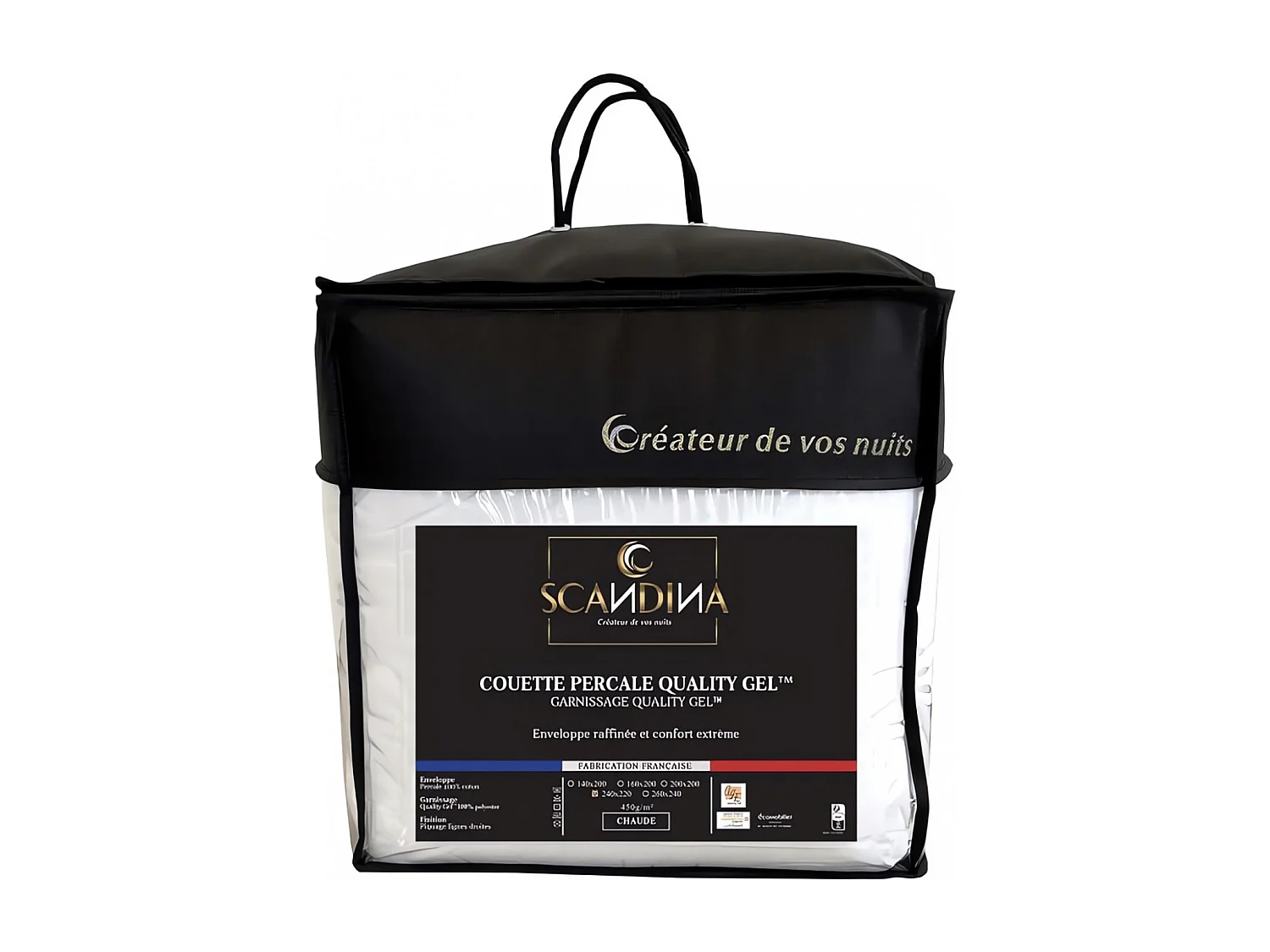 Couette blanche 240x220 cm QUALITY GEL, par Scandina. Fabrication française