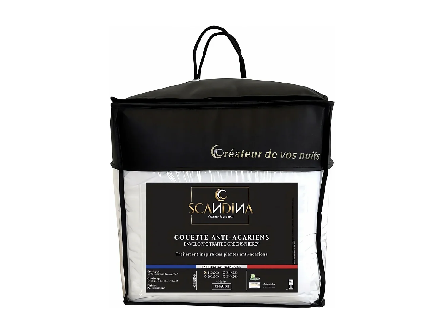 Couette blanche en coton 140x200 cm GREENSPHERE, par Scandina. Fabrication française