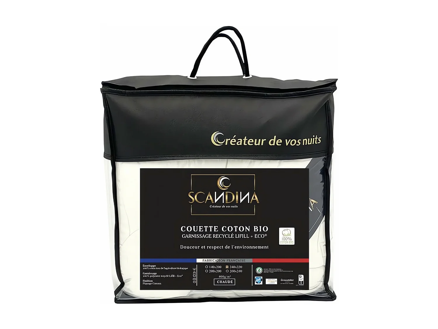 Couette blanche 240x220 cm COTON BIO, par Scandina. Fabrication française.