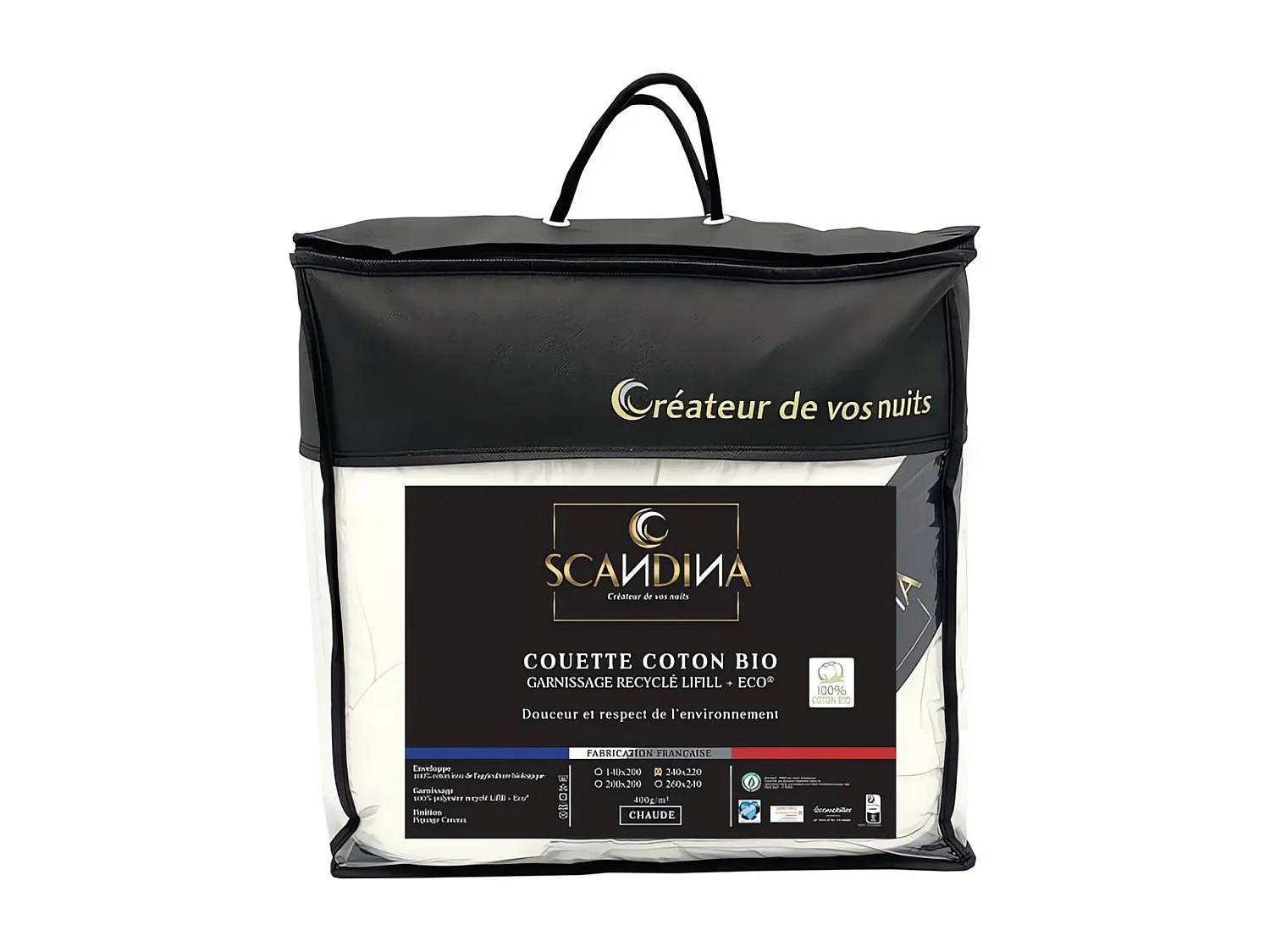 Edredón nórdico blanco de 240 x 220 cm, de algodón orgánico, de Scandina. Fabricado en Francia.