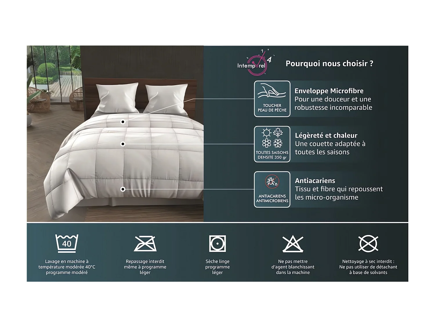 Couette blanche 220x240 cm CONFORT toutes saisons, par Intemporel