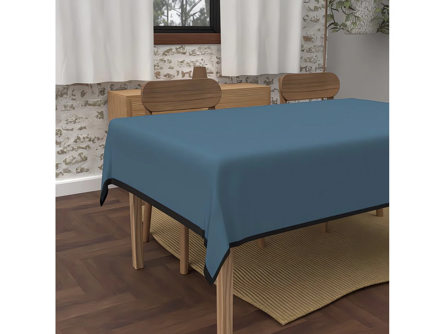 Nappe rectangle anti-tâches en microfibre lavée 140x300 cm BOHEME bleu canard, par Soleil d'Ocre