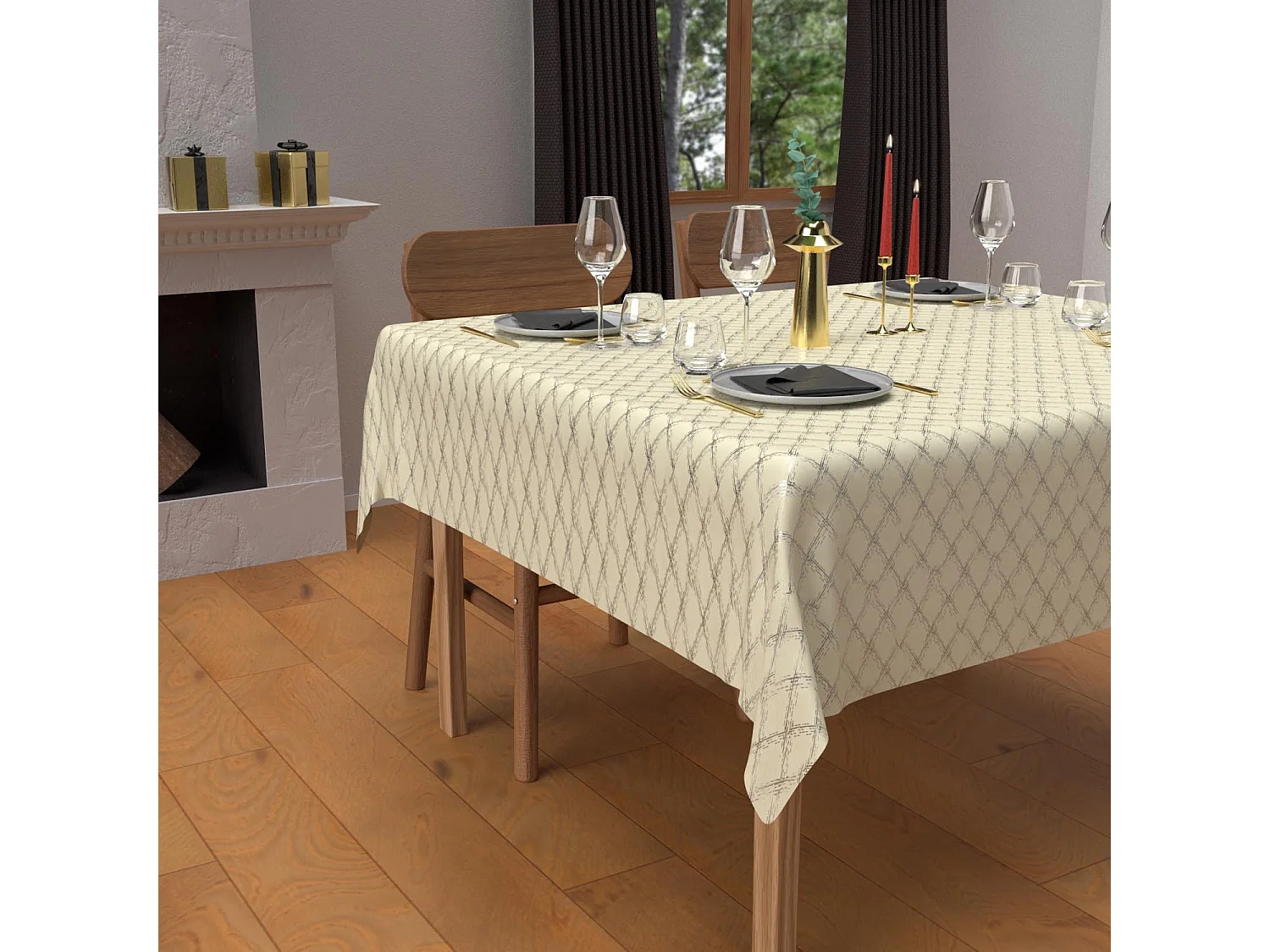 Mantel festivo cuadrado antimanchas de puro algodón 180x180 cm plata CELESTE, por Soleil d'Ocre