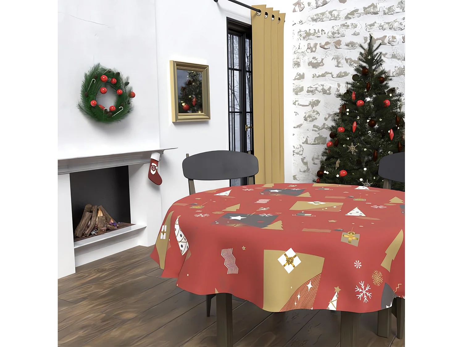 Mantel redondo antimanchas diámetro 180 cm FIR rojo, de Soleil d'Ocre