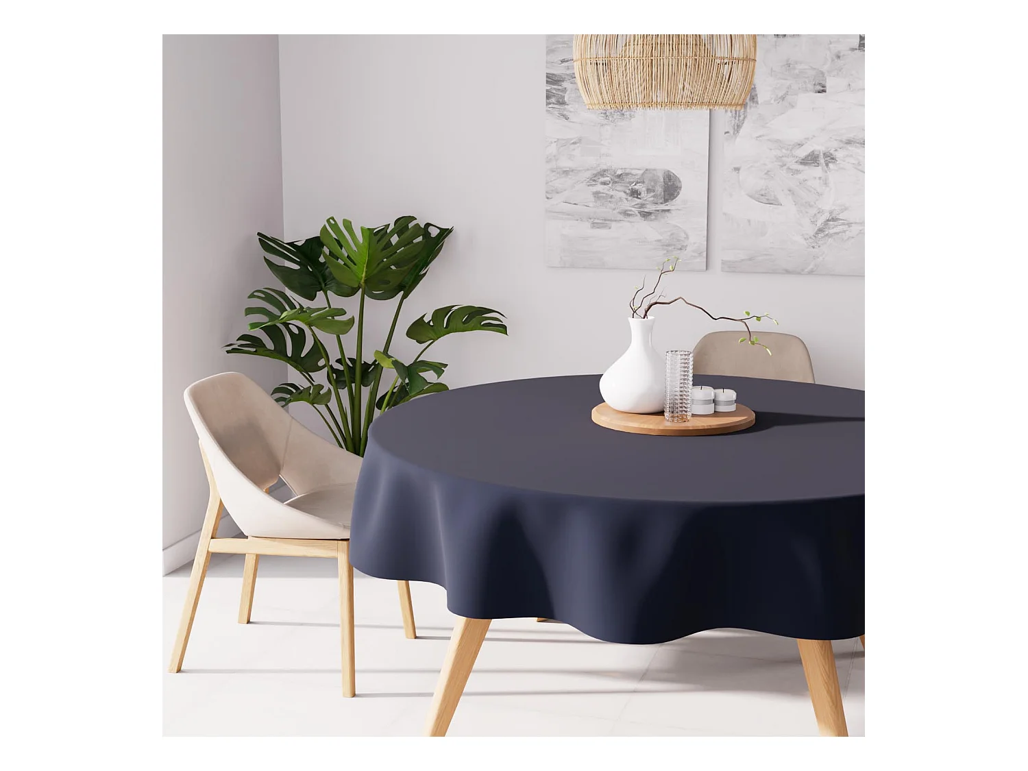 Nappe anti-tâches ronde 180 cm ALIX bleu jean, par Soleil d'Ocre