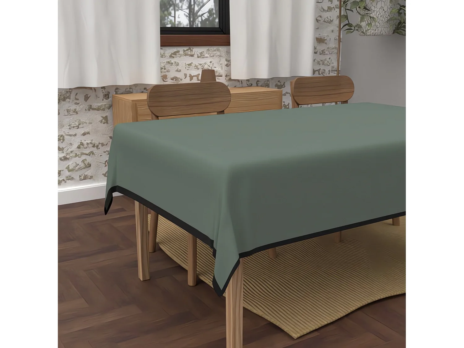 Nappe rectangle anti-tâches en microfibre lavée 140x300 cm BOHEME kaki, par Soleil d'Ocre