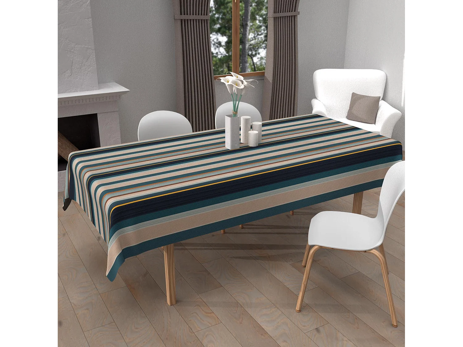 Mantel estampado antimanchas 140x300 cm BAYADERES azul, de Soleil d'Ocre