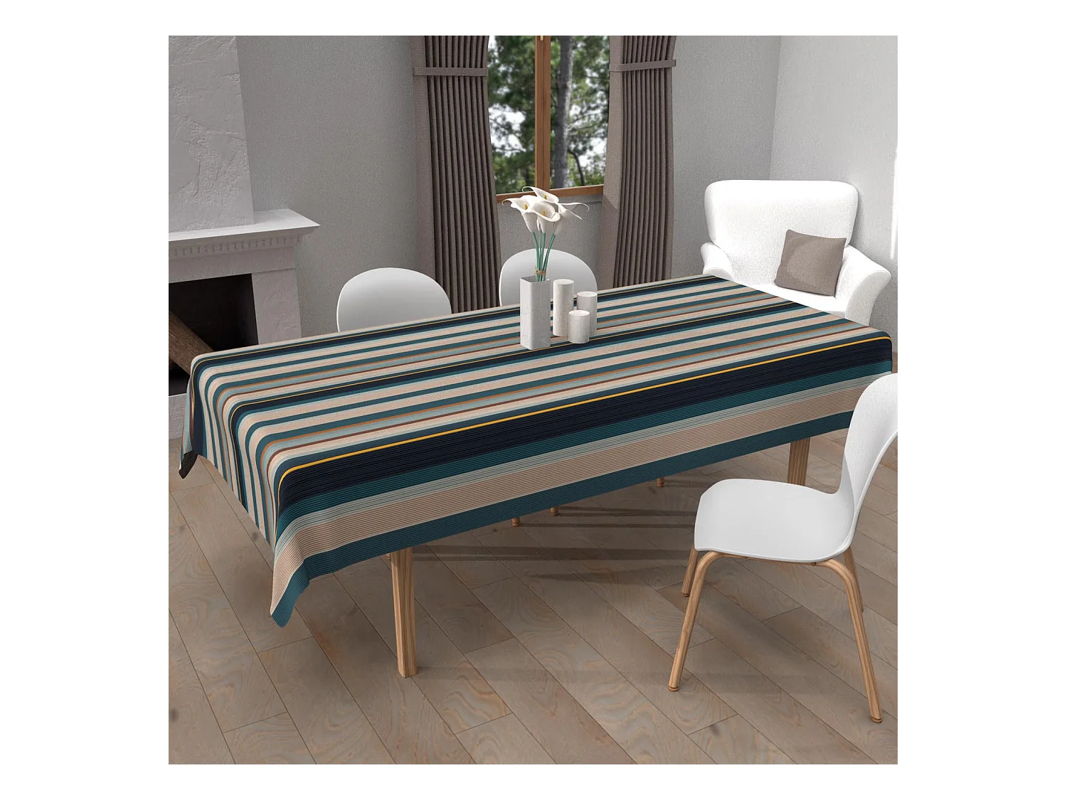 Nappe imprimée anti-tâches 140x300 cm BAYADERES bleu, par Soleil d'Ocre