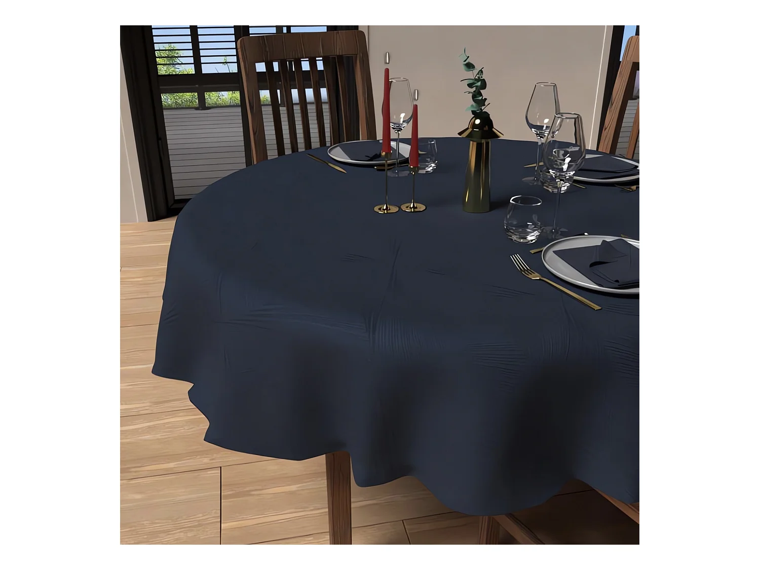 Nappe ronde anti-tâches diamètre 180 cm LUXURY bleu nuit, par Soleil d'Ocre