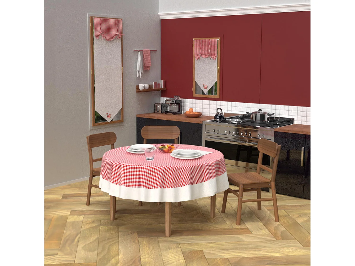 Mantel redondo antimanchas de algodón diámetro 160 cm rojo VICHY, de Soleil d'Ocre