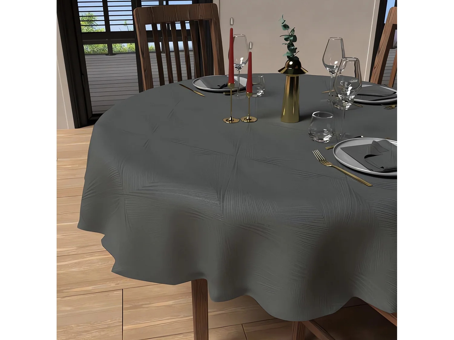 Nappe ronde anti-tâches diamètre 180 cm LUXURY gris, par Soleil d'Ocre