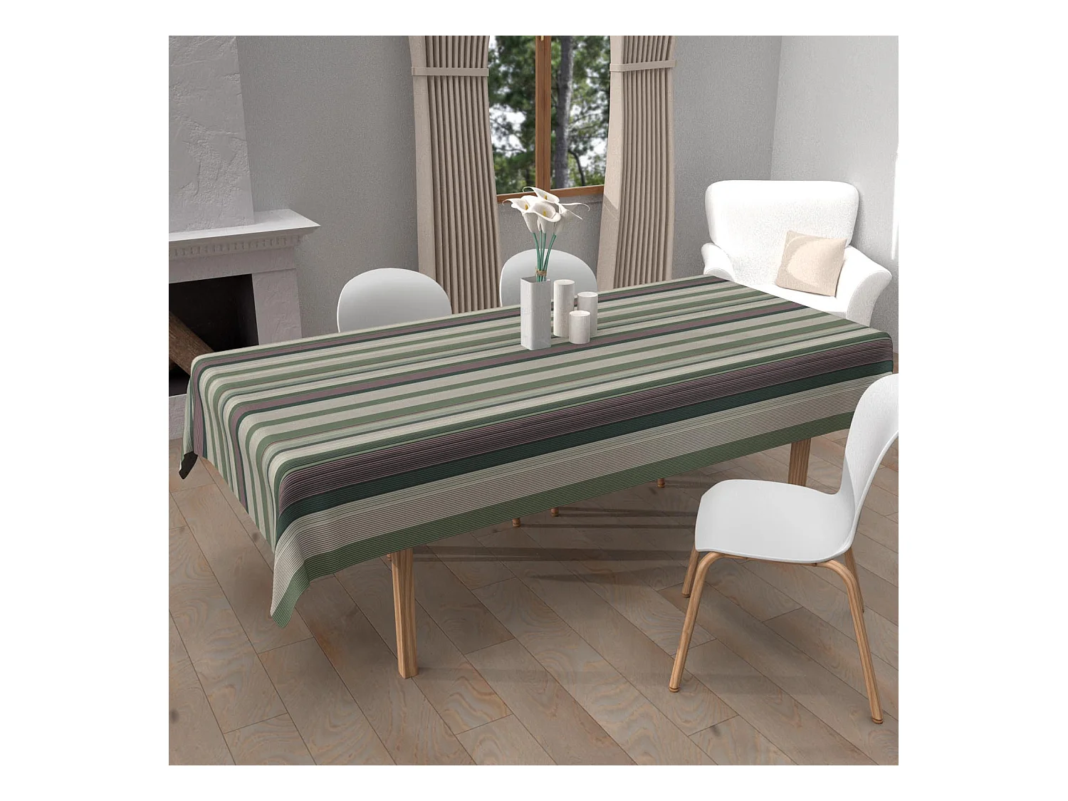 Mantel rectangular estampado antimanchas 140x240 cm BAYADERES caqui, de Soleil d'Ocre