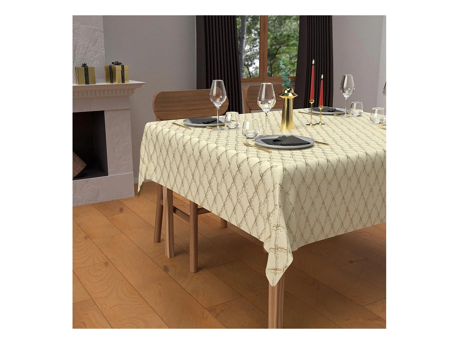 Nappe festive carrée anti-tâches en pur coton 180x180 cm CELESTE or, par Soleil d'Ocre