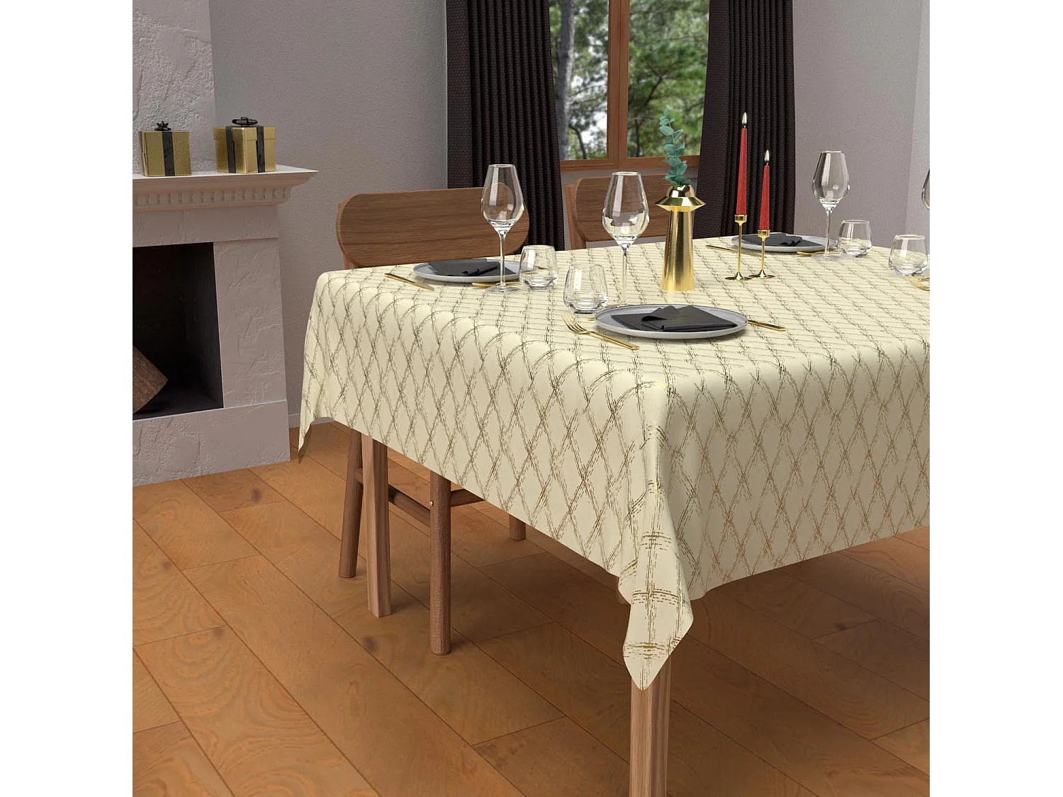 Mantel cuadrado festivo con antimanchas en puro algodón 180x180 cm oro CELESTE, por Soleil d'Ocre