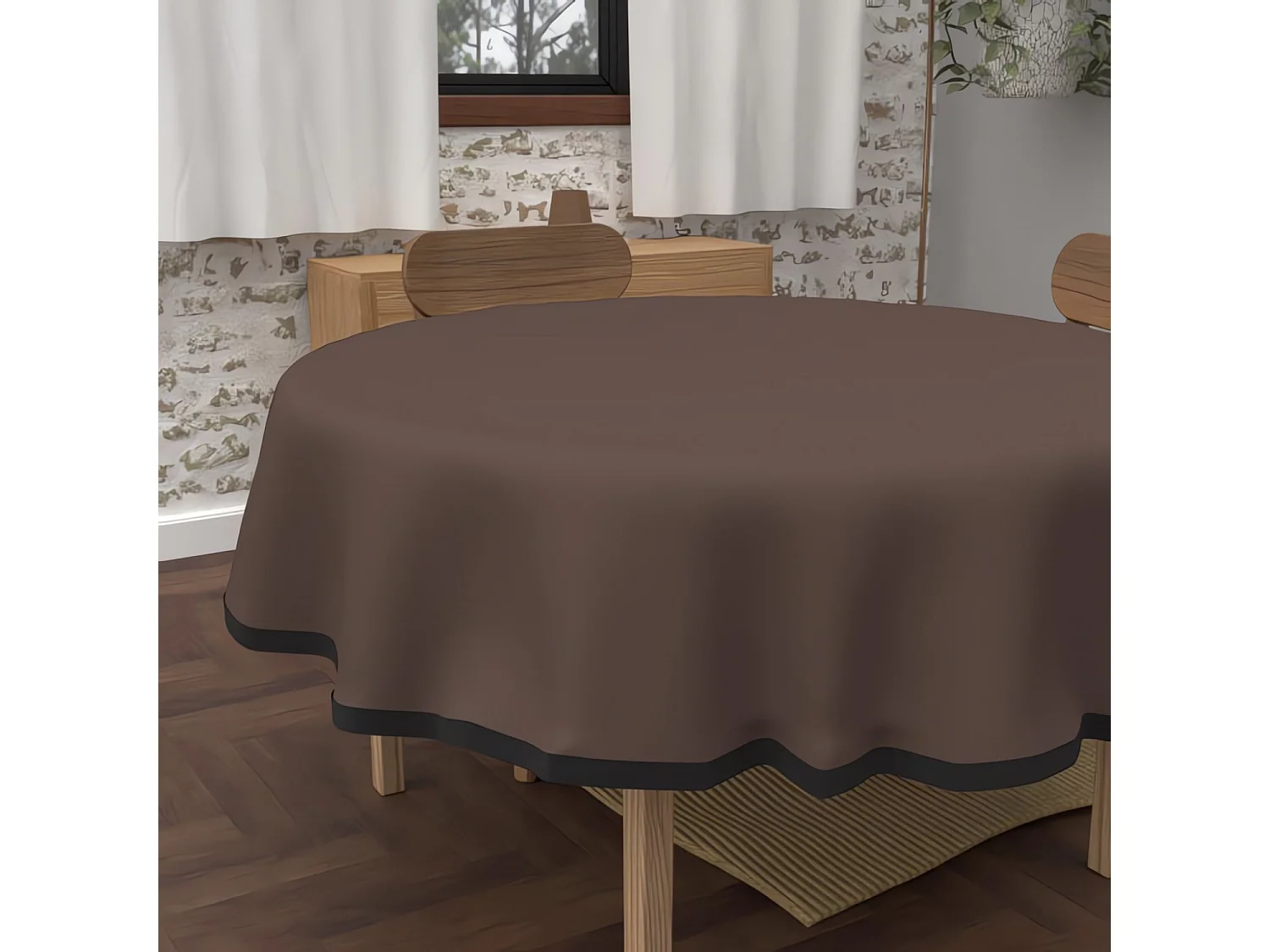 Nappe ronde anti-tâches en microfibre lavée diamètre 180 cm BOHEME brun, par Soleil d'Ocre