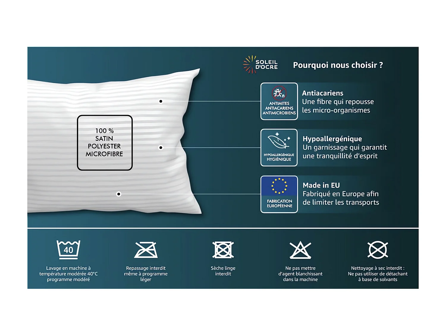 Oreiller 60x60 cm DOUCEUR toucher plume, par Soleil d'ocre