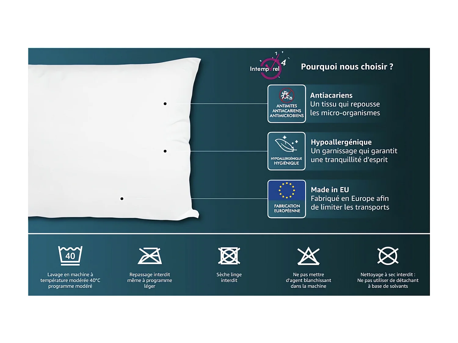 Almohada antiácaros COMFORT 50x70 cm, lavable a máquina