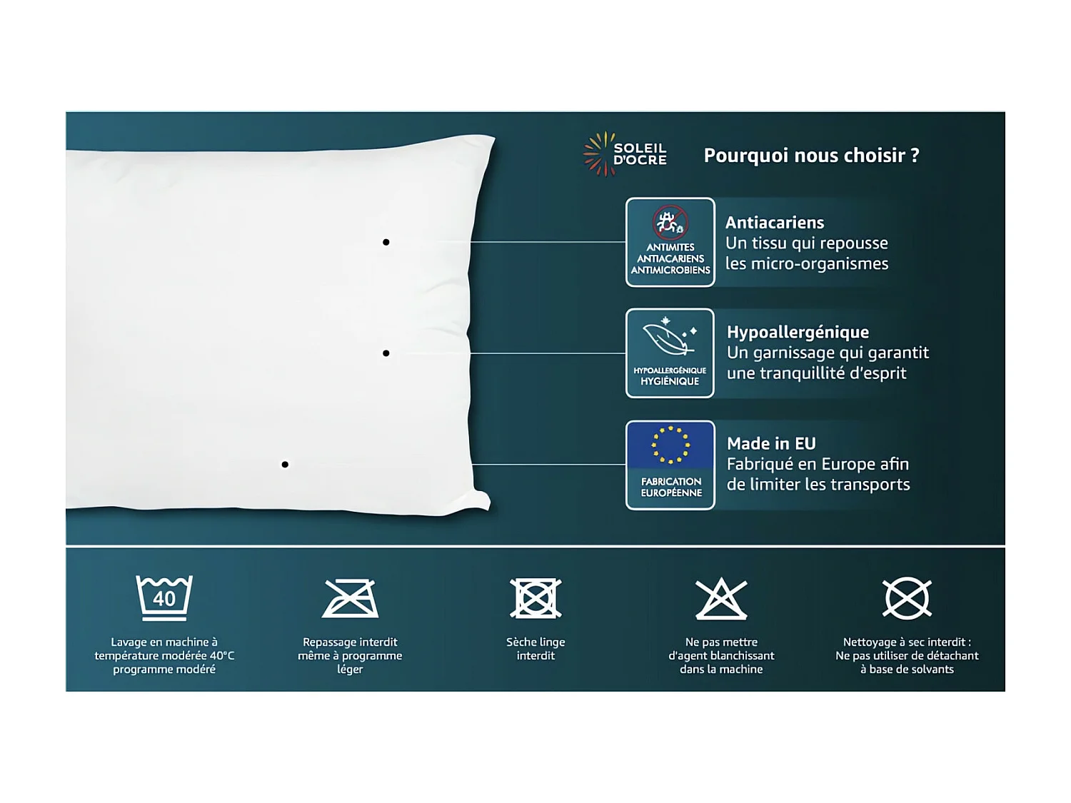 Oreiller anti-acarien LUXE 60x60 cm, par Soleil d'ocre