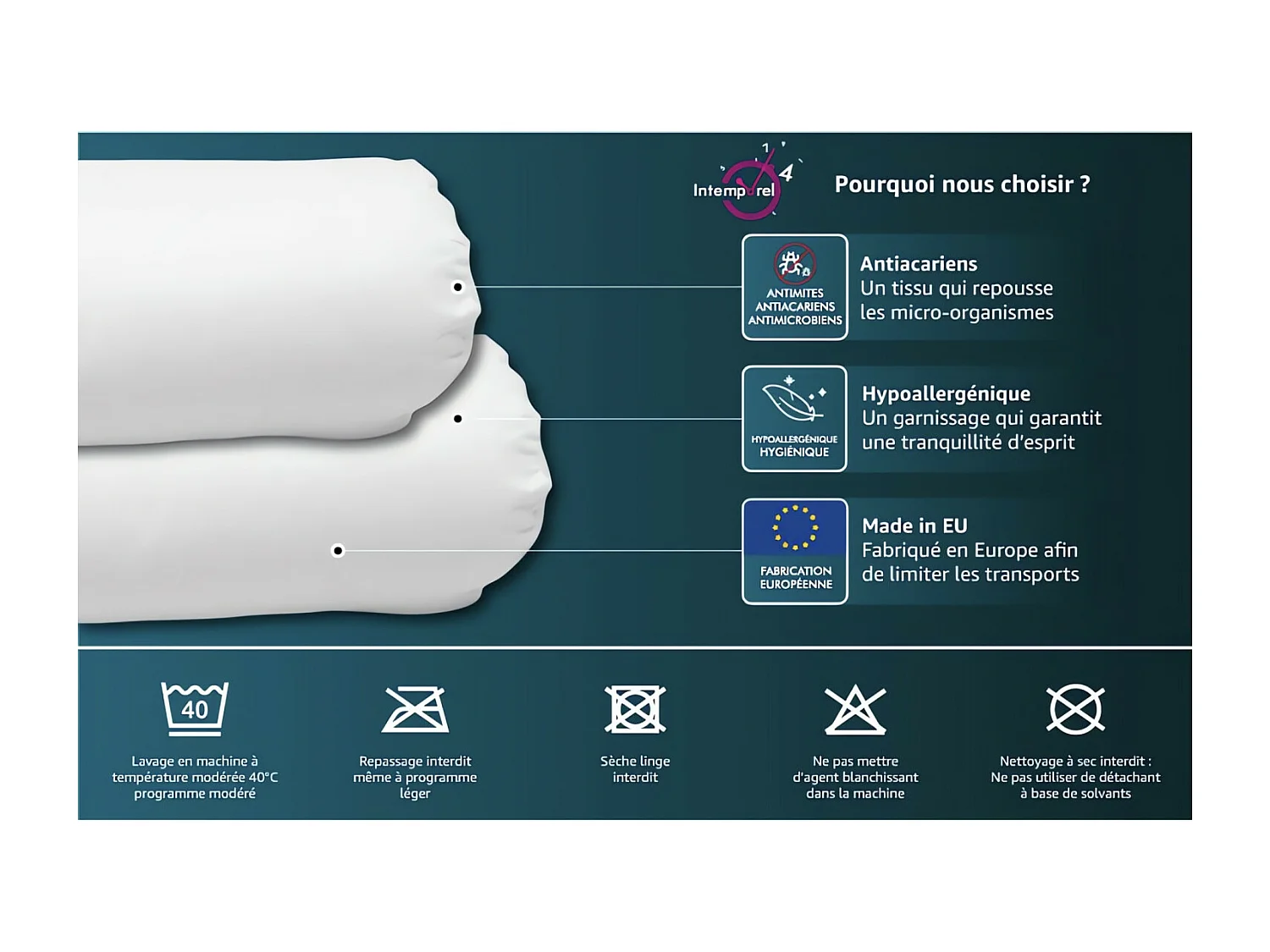Traversin anti-acarien CONFORT largeur 160 cm, par Intemporel