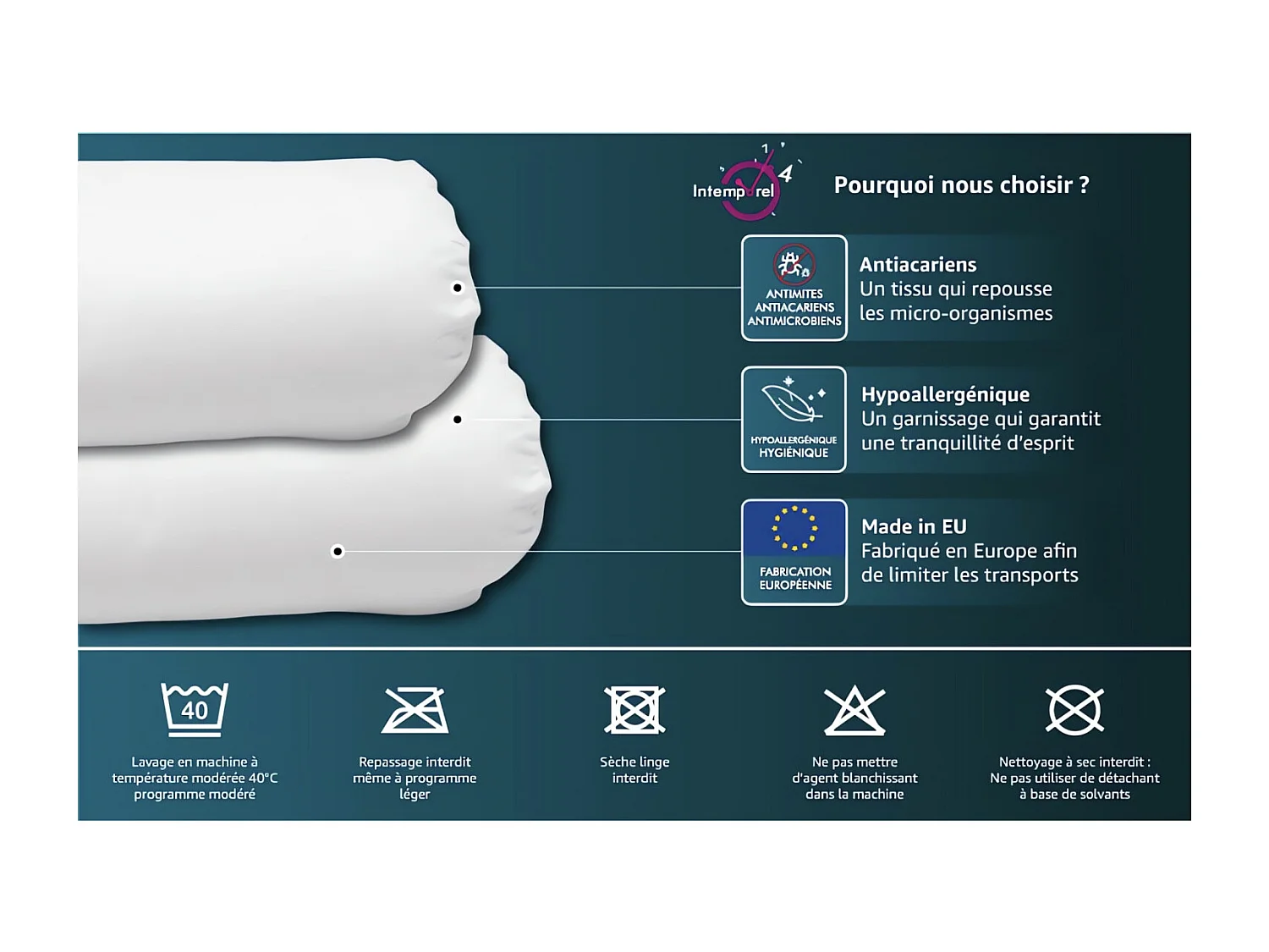 Traversin anti-acarien CONFORT largeur 140 cm, par Intemporel