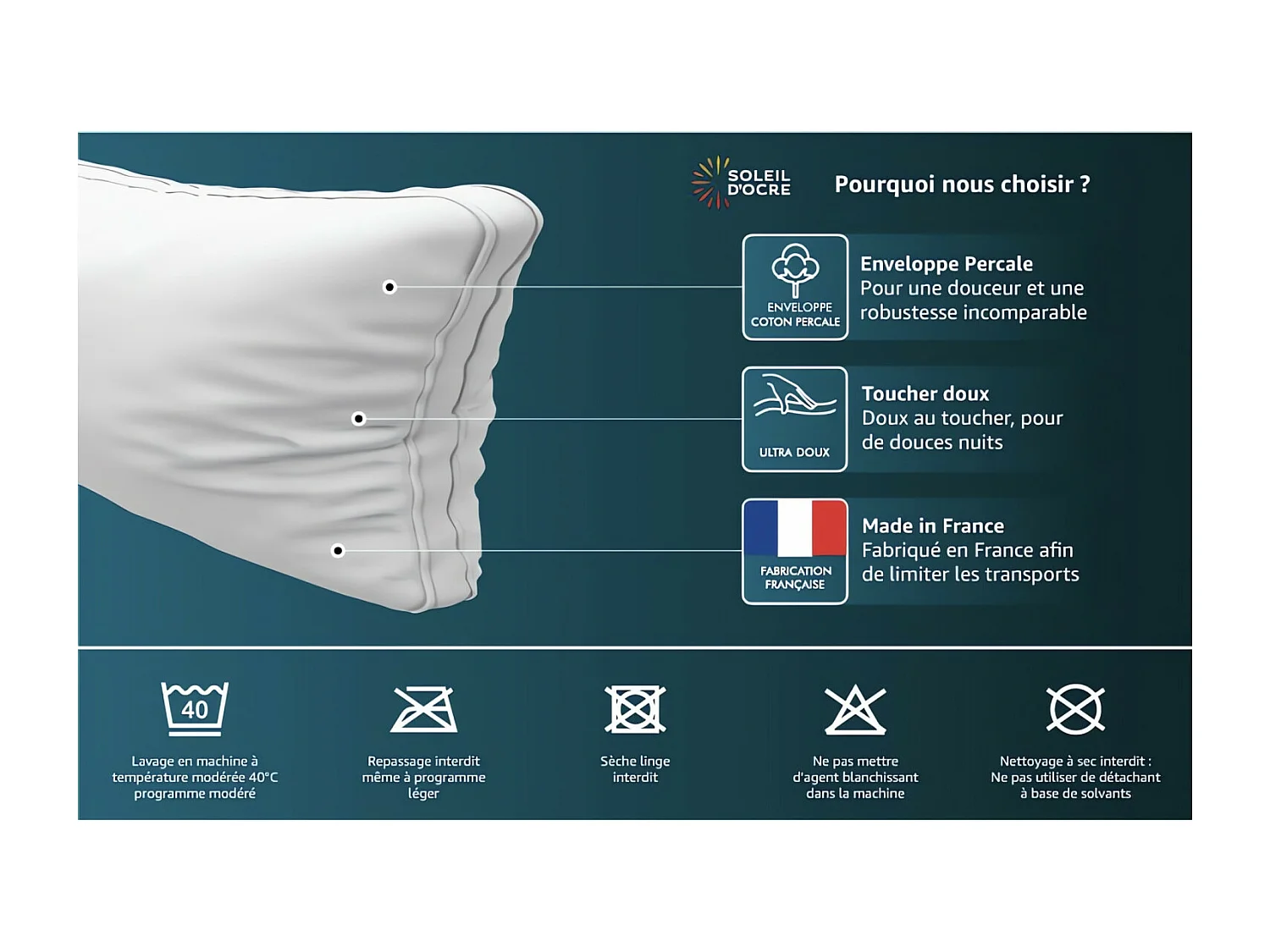 Traversin plat en coton 90 cm NUAGE, par Soleil d'ocre