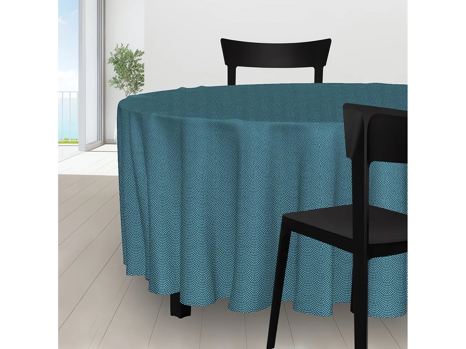 Mantel redondo diámetro 180 cm Atolón pavo real azul, de Soleil d'Ocre