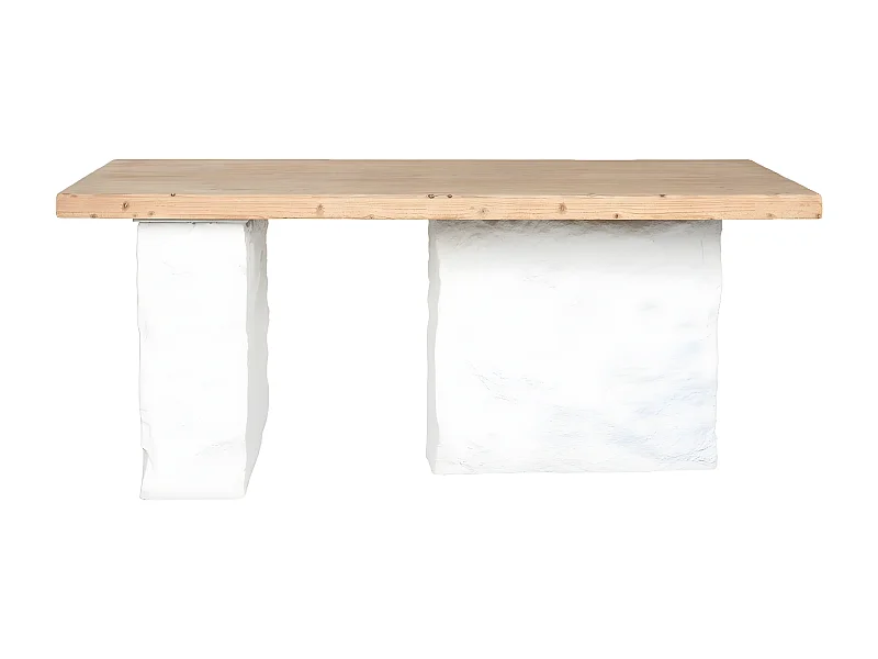 Table à manger, table de repas rectangulaire en bois naturel et résine blanc - longueur 180 x profondeur 90 x Hauteur 77 cm