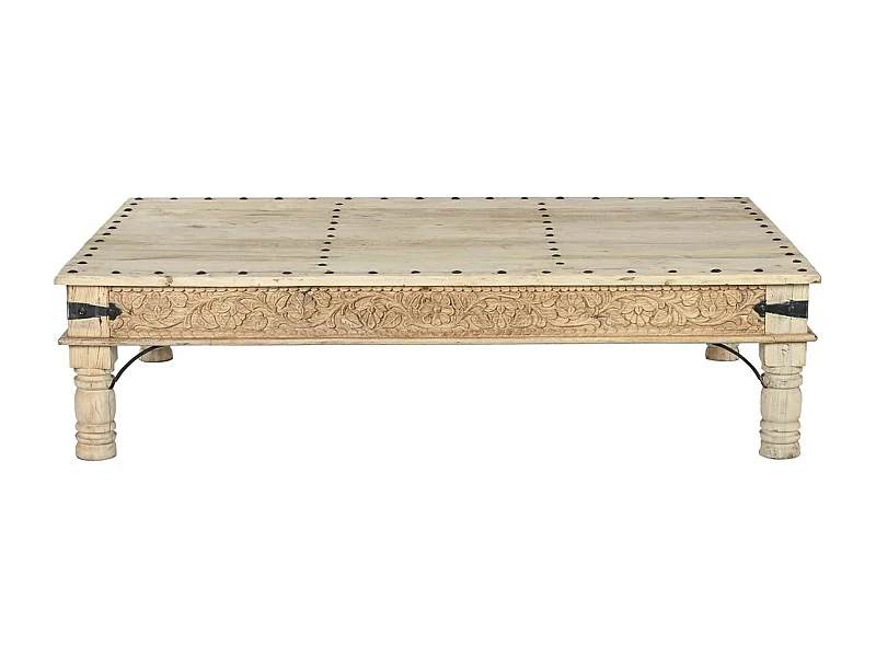 Table basse, table de salon rectangulaire en bois sculpté coloris naturel - longueur 180 x profondeur 120 x Hauteur 45 cm