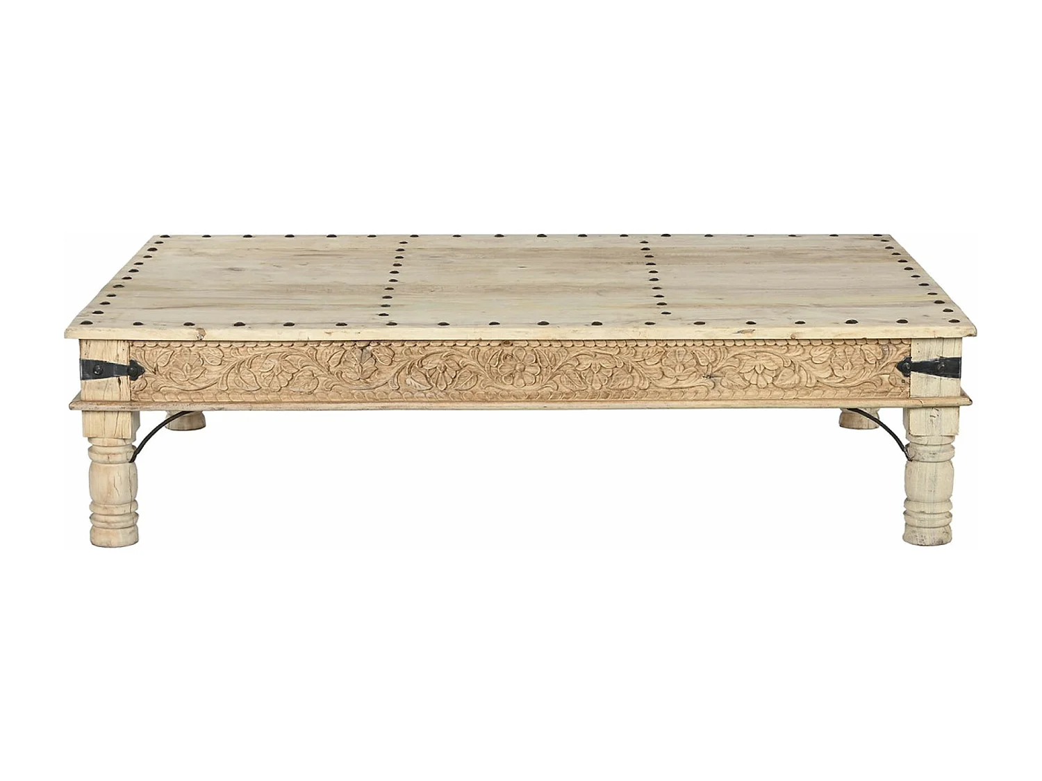 Table basse, table de salon rectangulaire en bois sculpté coloris naturel - longueur 180 x profondeur 120 x Hauteur 45 cm
