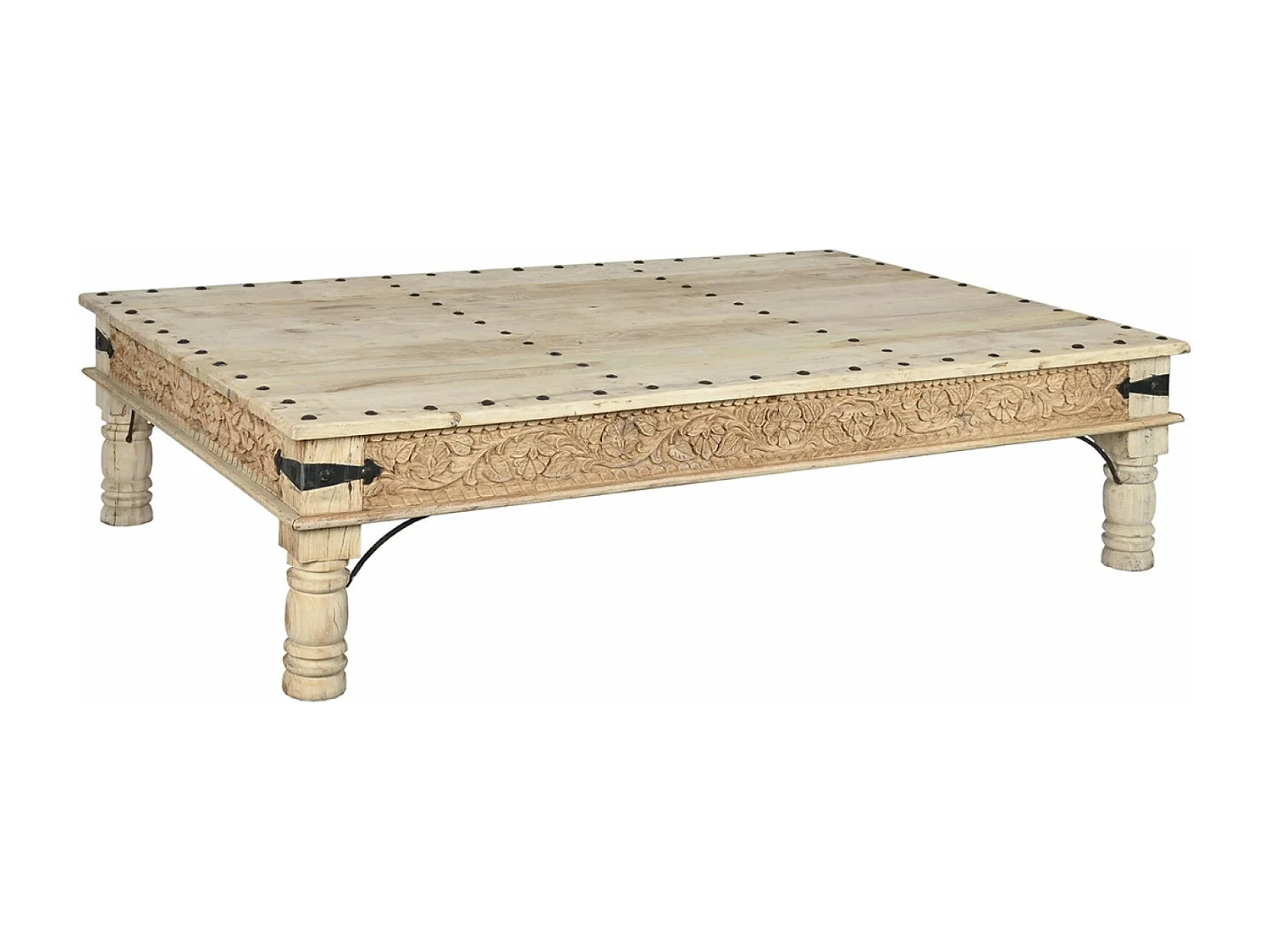 Table basse, table de salon rectangulaire en bois sculpté coloris naturel - longueur 180 x profondeur 120 x Hauteur 45 cm