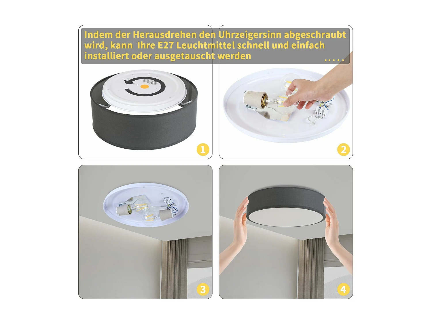 Plafonnier NETTLIFE rond en tissu 38 cm, E27, lampe de plafond moderne pour chambre à coucher