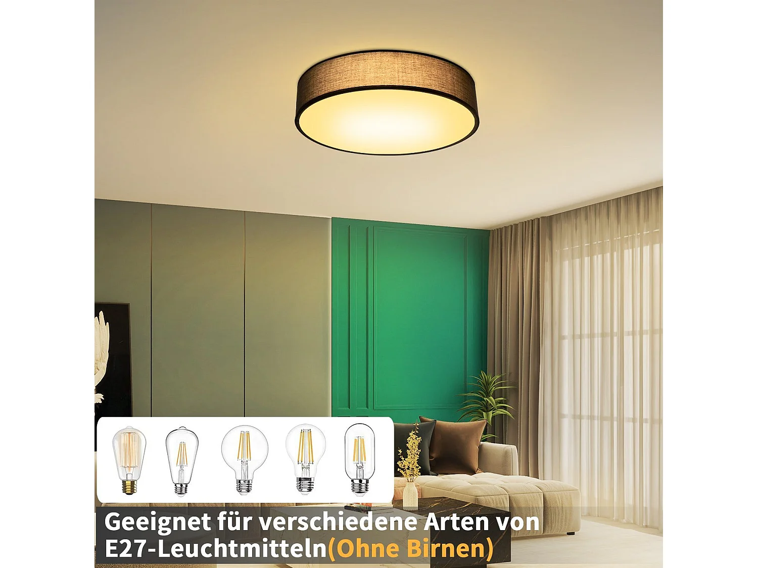 Plafonnier NETTLIFE rond en tissu 38 cm, E27, lampe de plafond moderne pour chambre à coucher