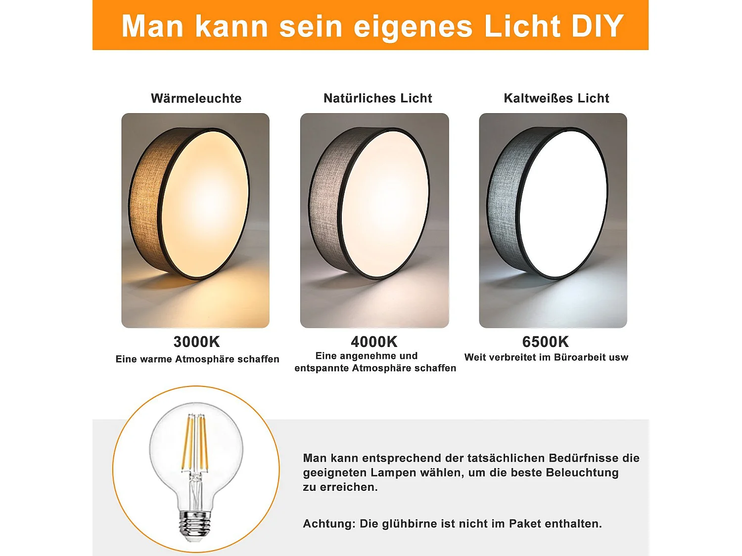 Plafonnier NETTLIFE rond en tissu 38 cm, E27, lampe de plafond moderne pour chambre à coucher